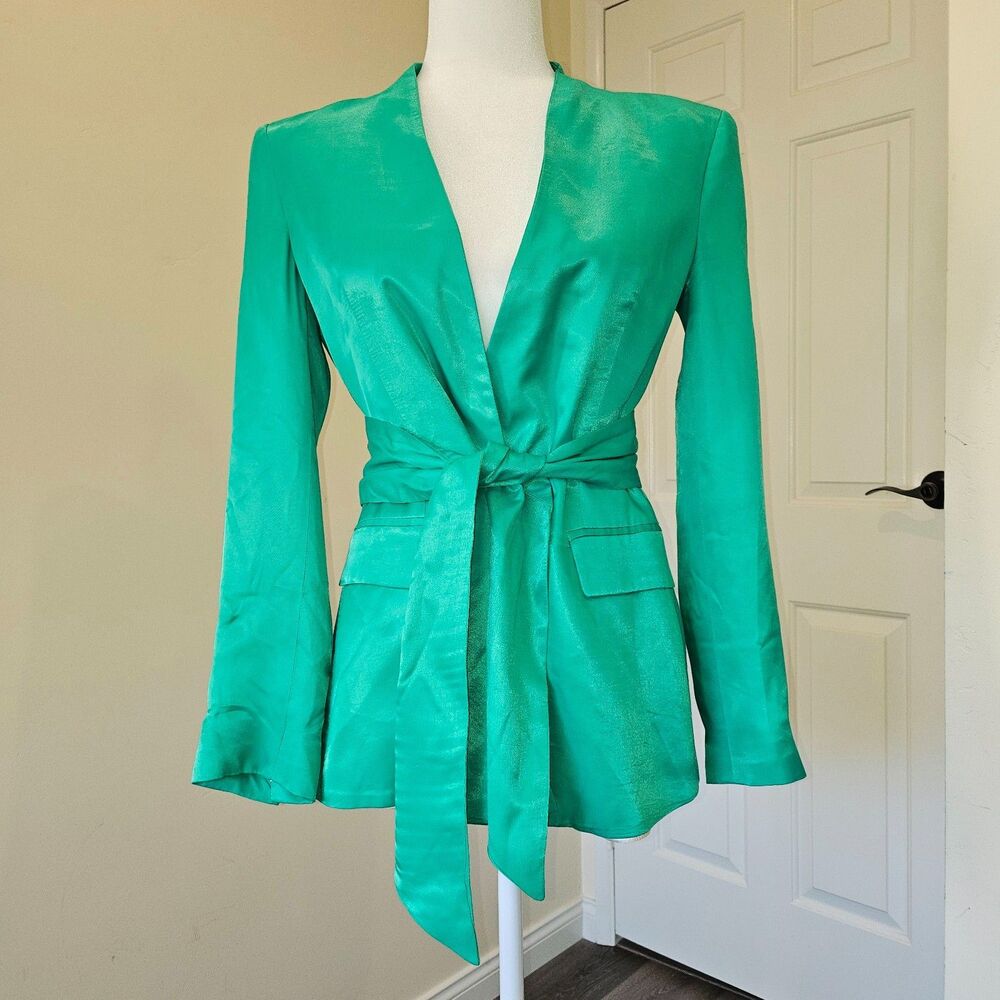 Zara Womens S Green Lapeless Belted Structured Blazer Jacket Viscose Career